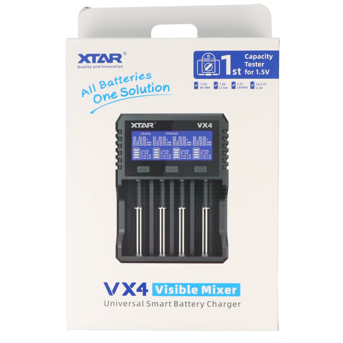 Xtar VX4 Ladegerät, lädt 1,5V, 3,7V Li-Ion Akkus, 3,2V LiFePO4 und 1,2V NiMH Akkus, ohne Netzteil