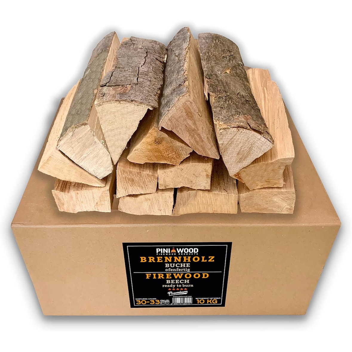 PINI Brennholz ofenfertig Buche 10 Kg ca. 30-33 cm für Kamin Grill Feuerschale Pizzaofen Smoker