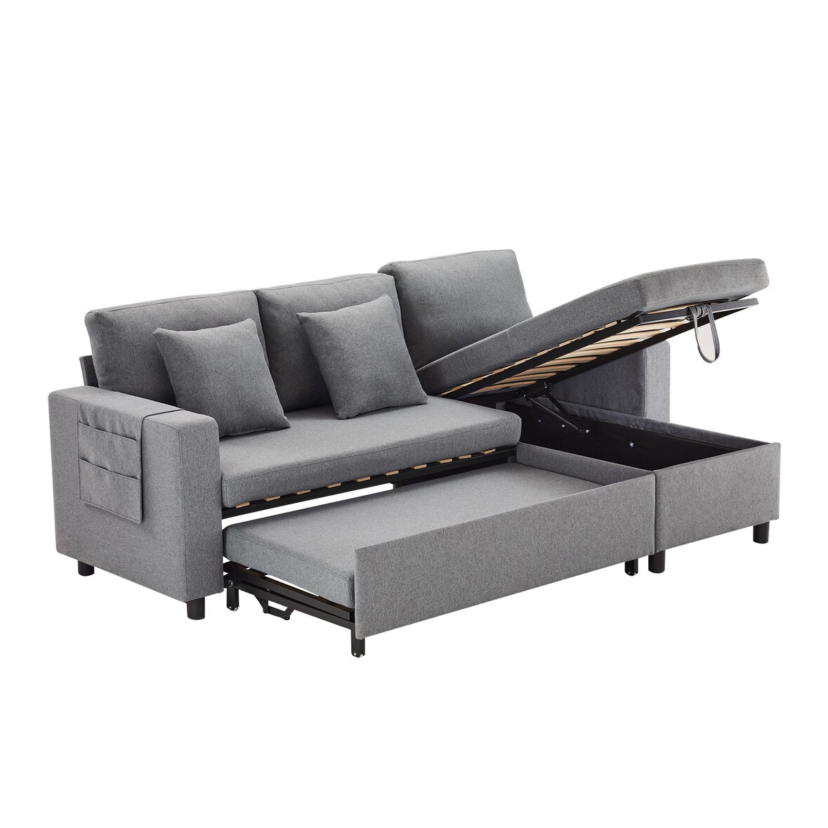 Schlafsofa L-Form 219x142x83 mit Schlaffunktion und Stauraum – Flexibles Sofa in Dunkelgrau mit Chaiselongue