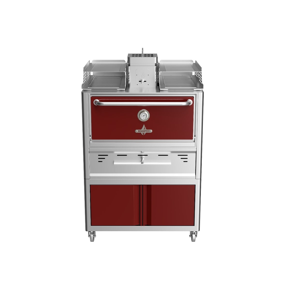 Houtskooloven op stand met wielen, afmetingen 985x777x1685, rode deur