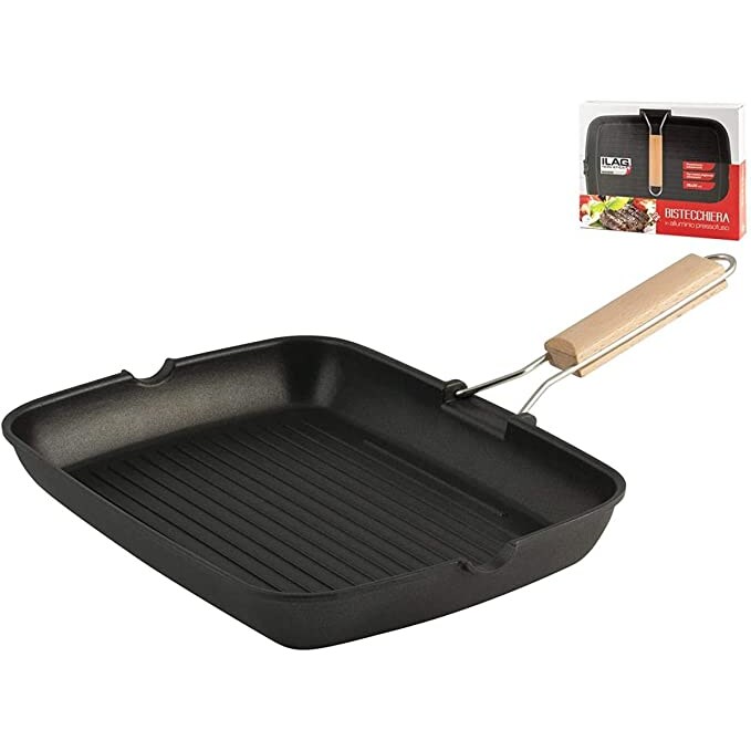 Home In Rombo Non-Stick ILAG Steak Pan Inklapbaar Houten Handvat Aluminium, Zwart, Cm 36x26