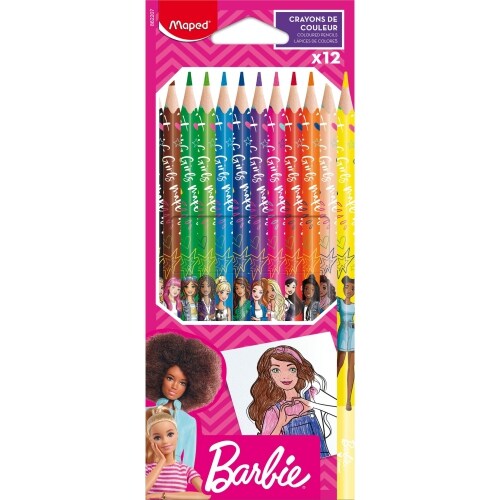 Maped - 12 Crayons de couleur Barbie - Crayons de coloriage en résine - Crayons de couleur enfants - Mines résistantes - Forme Triangulaire Ergonomiqu