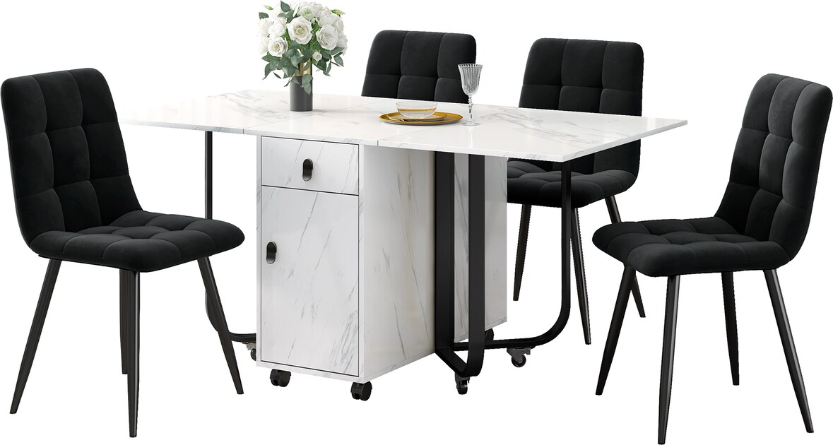 Essgruppe Esstisch mit 4 Stühlen Weiß 150x80x76 cm MDF Tischplatte mit Metallbeinen gepolsterte Samtstühle mit Rückenlehne