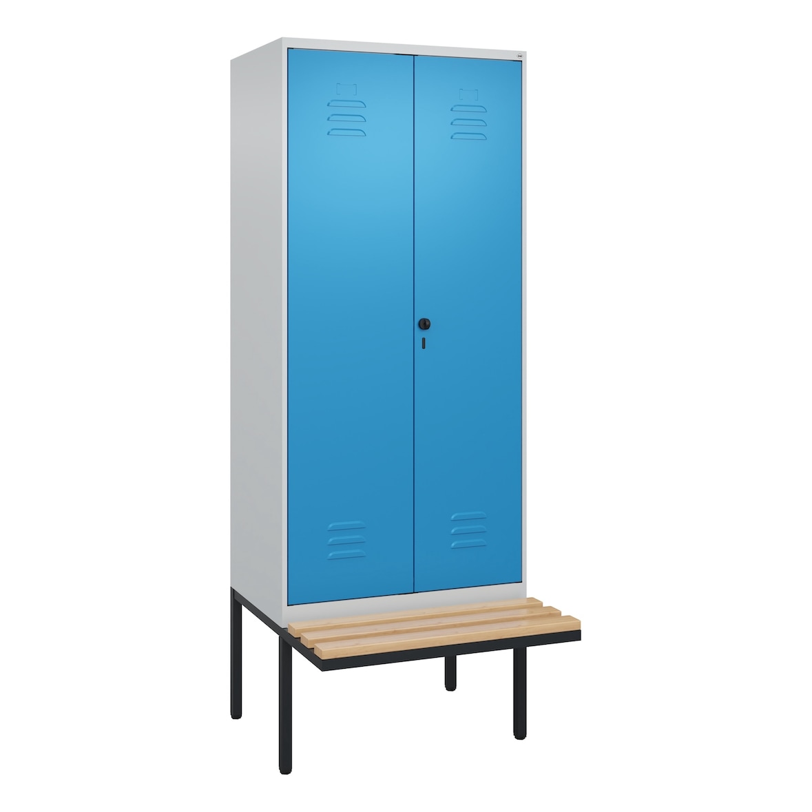 C+P Doppel-Spind Classic PLUS, schwebender Sitzbank aus Buche 2 Abteile, HxBxT 212x80x82cm, Sicherheitsdrehriegel, Hellgrau/Lichtblau von PROREGAL