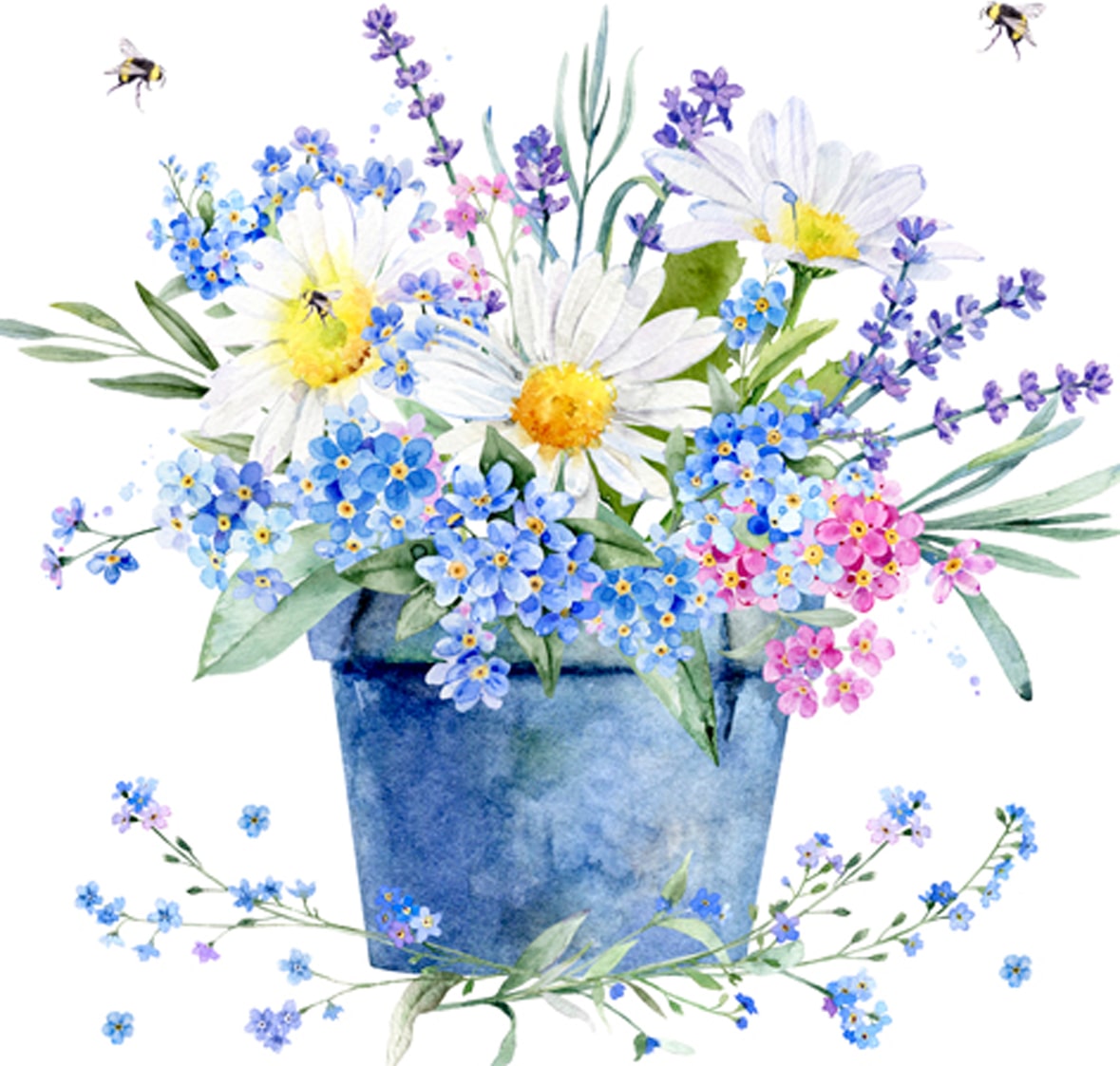 20 Servietten Papier 33x33cm 3-lagig - hochwertige Einweg Papierservietten Hochzeitsservietten Motivservietten Wiesenblumen im Blumentopf