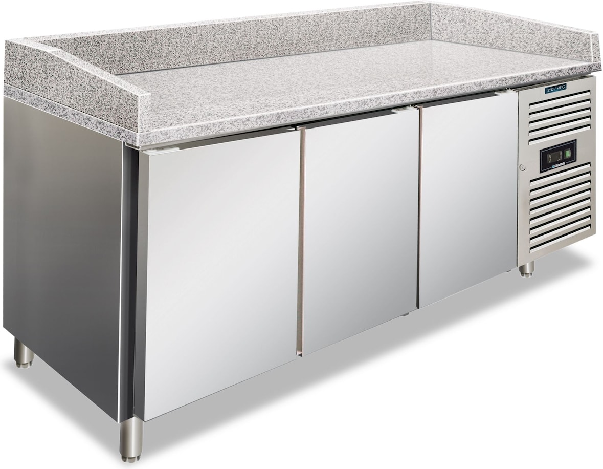Pizzatheke aus Edelstahl mit 3 Türen und Granitplatte. Temperatur +2°C/+8°C. Automatische Abtauung. Maße BxTxH 202x80x100 cm. PZF03