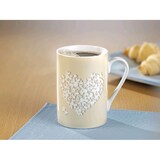 thumbnail of 6 x Kaffeebecher "FINE", Inhalt: 0,28 ltr., dünnwandiger, feiner Henkelbecher aus weißem Porzellan, mit beigefarbenem Druck, Motiv Herz