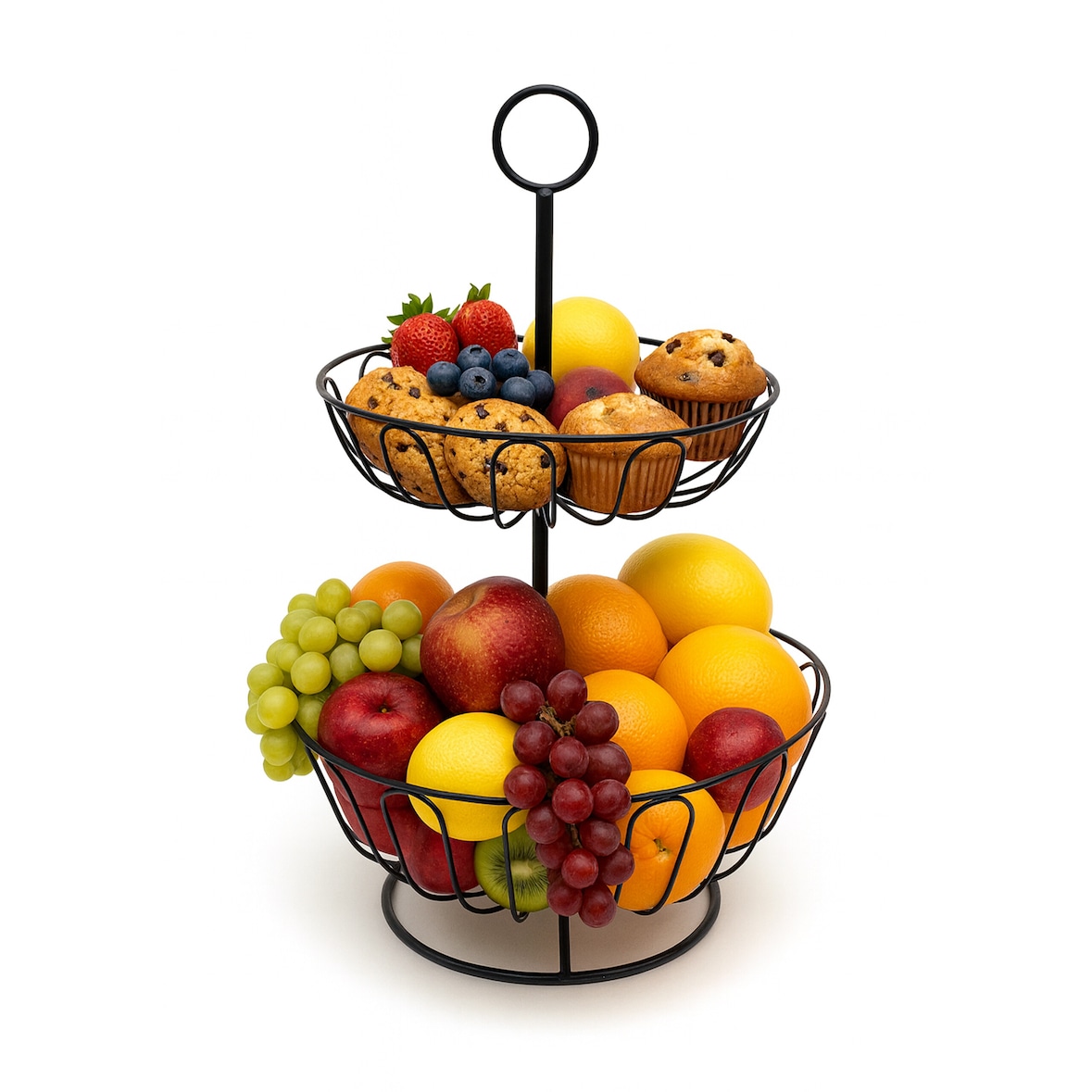 Relaxdays Obstkorb Etagere 2-stöckig, Obstschale für die Küche, moderner Metallkorb für Obst und Gemüse, Metall, schwarz