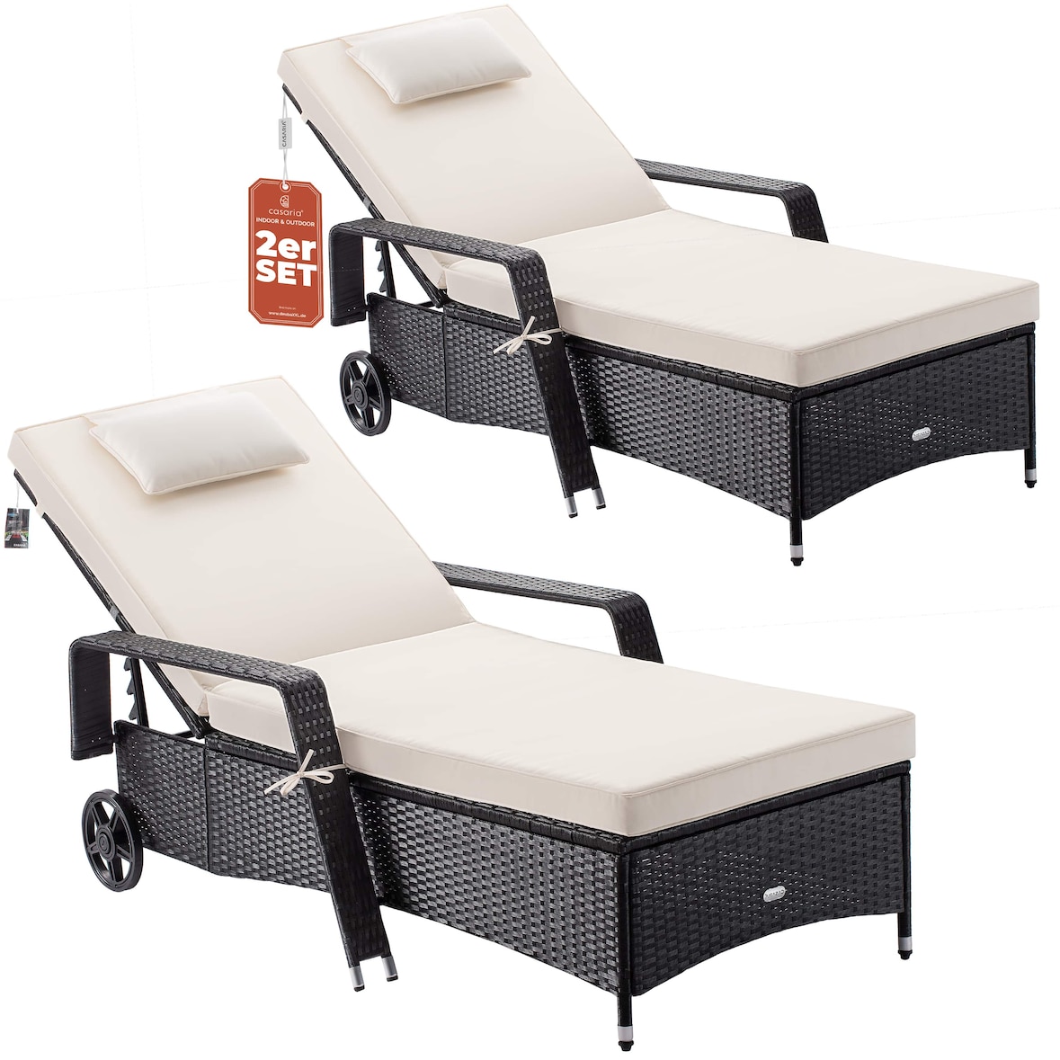 Casaria® Sonnenliege 2er Set mit Rollen Auflage Schwarz Creme