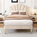 thumbnail of Luxuriöses Polsterbett 90x200 Beige mit verstellbarem Kopfteil, goldenen Eisenbeinen, stabilem Massivholzrahmen und Stauraum