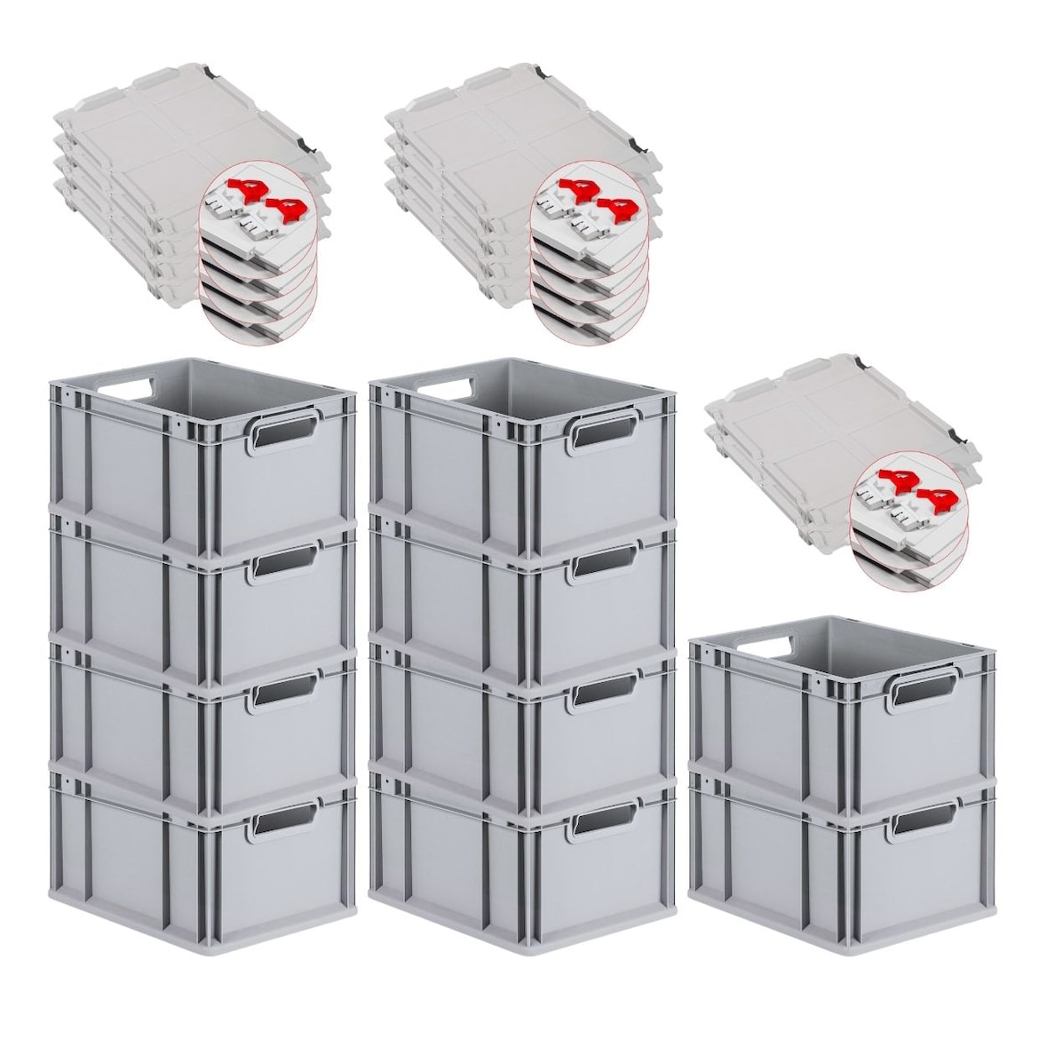PROREGAL 10x Eurobox NextGen Grip mit Scharnierdeckel & roten Verschlüssen | HxBxT 22x30x40cm | 20 Liter | Griffe offen | Glatter Boden