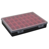 thumbnail of Organizador, 32 tabuleiros amovíveis, tampa transparente, empilhável, 330 x 247 x 54 mm, preto/vermelho