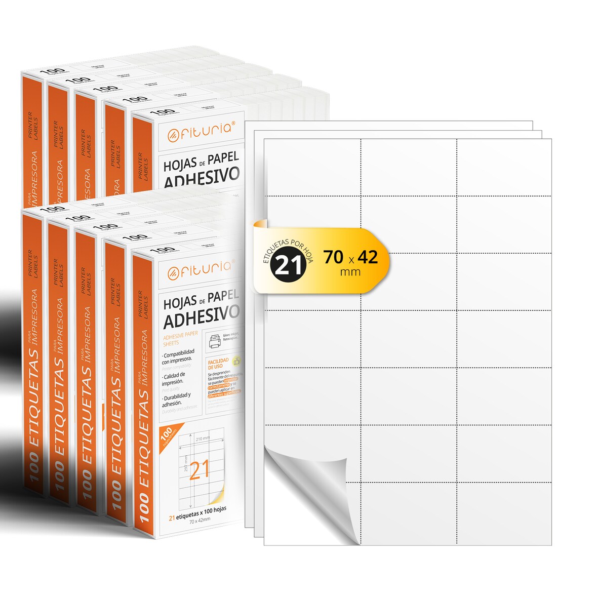 Folios A4 de Etiquetas Adhesivas Blancas, Crea tus Pegatinas Personalizadas, Etiqueta Adhesiva para Imprimir - Ofituria (21 por hoja, 1000h)