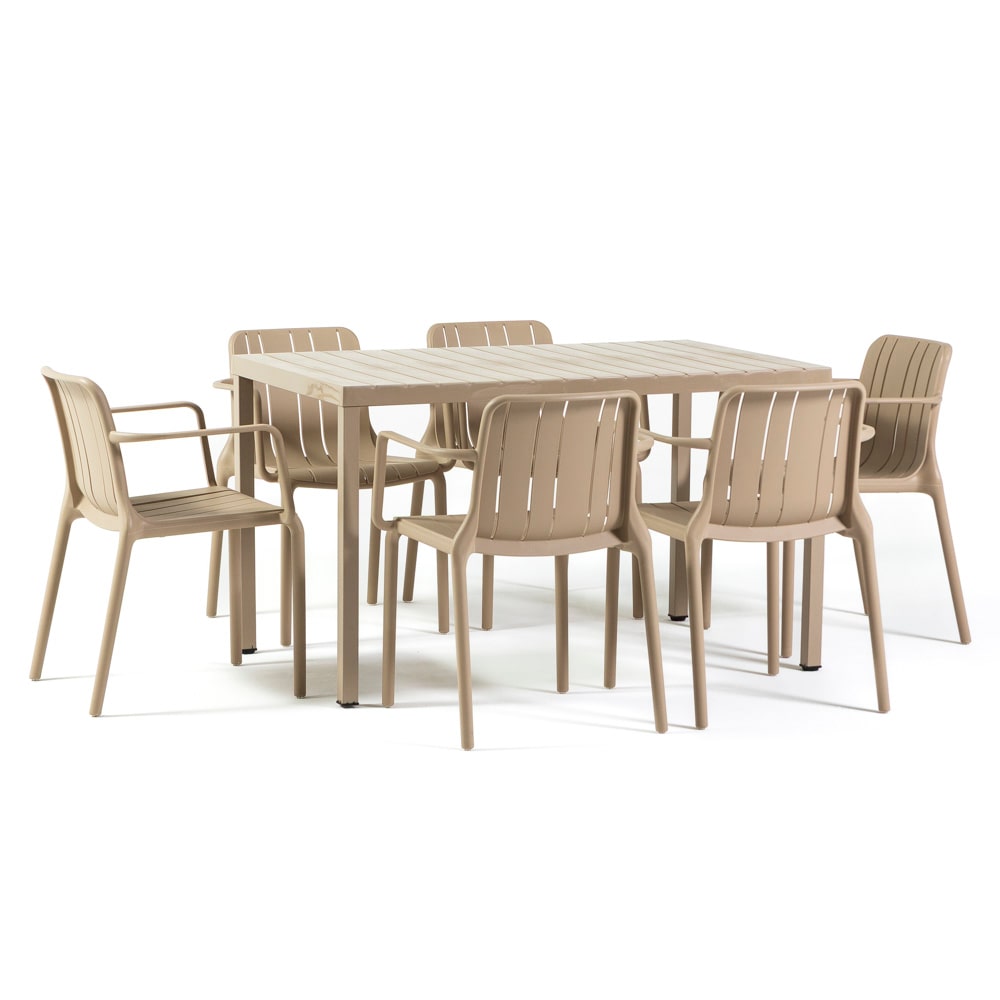 Ensemble de salle à manger extérieur Table rectangulaire 130x80 cm et 6 chaises avec accoudoirs, résistant, pour terrasses, jardins-Zeno+Ginny-Caramel