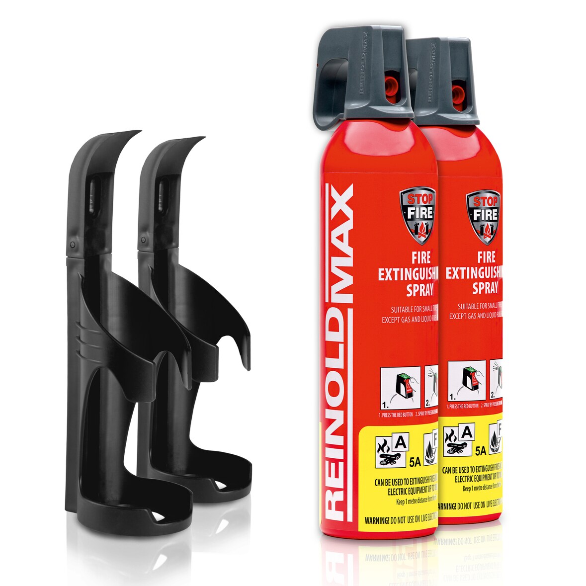 XENOTEC Premium Feuerlöschspray – 2 x 750ml – Wandhalter - Stopfire – Autofeuerlöscher – REINOLDMAX – inkl.2 Wandhalterung schwarz – wiederverwendbar