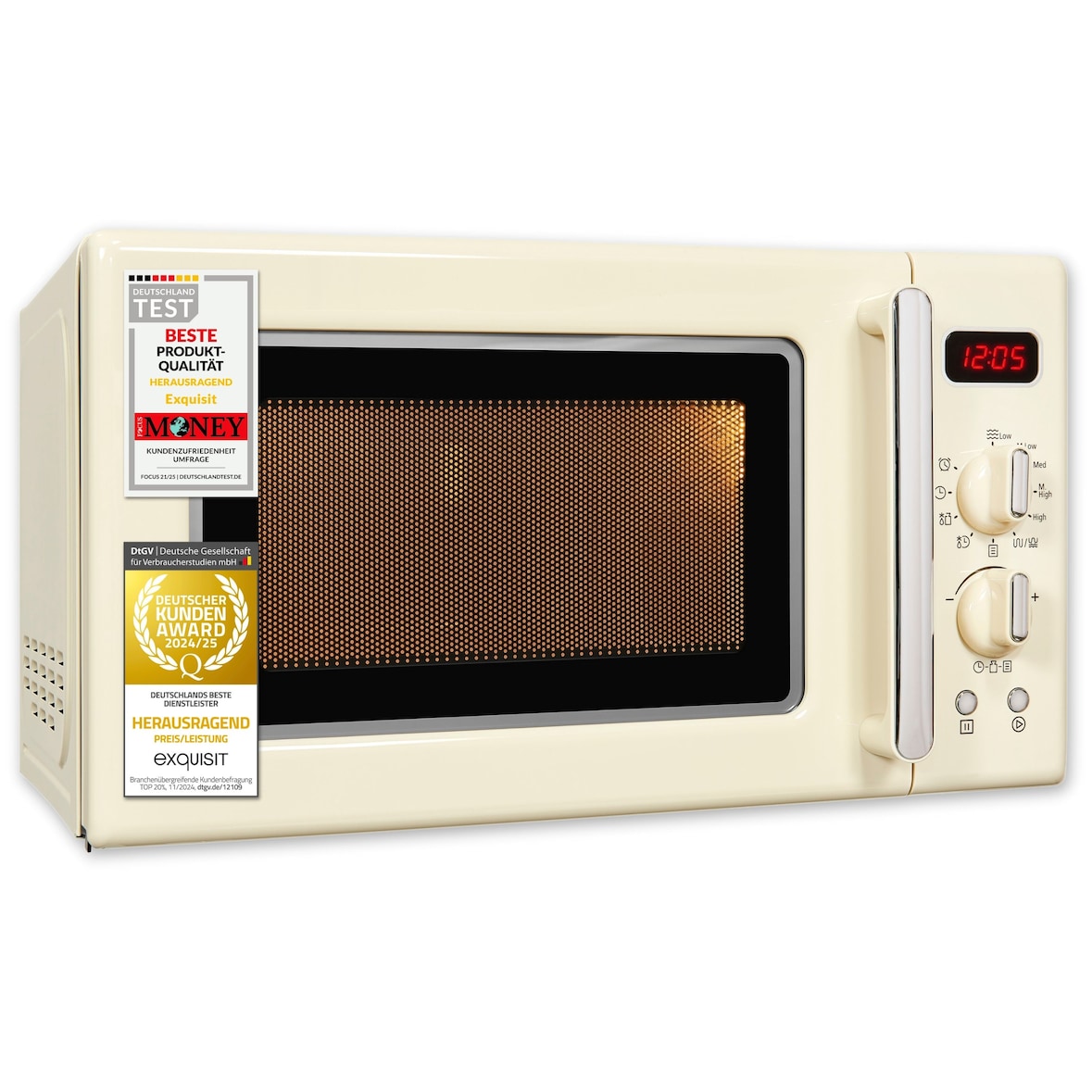 Exquisit Retro-Mikrowelle 700 Watt, 25,5 cm Drehteller, 1000 Watt Grill, 20L, 5 Leistungsstufen, Auftaufunktion, 2 Drehregler, RMW720-3GDIG creme