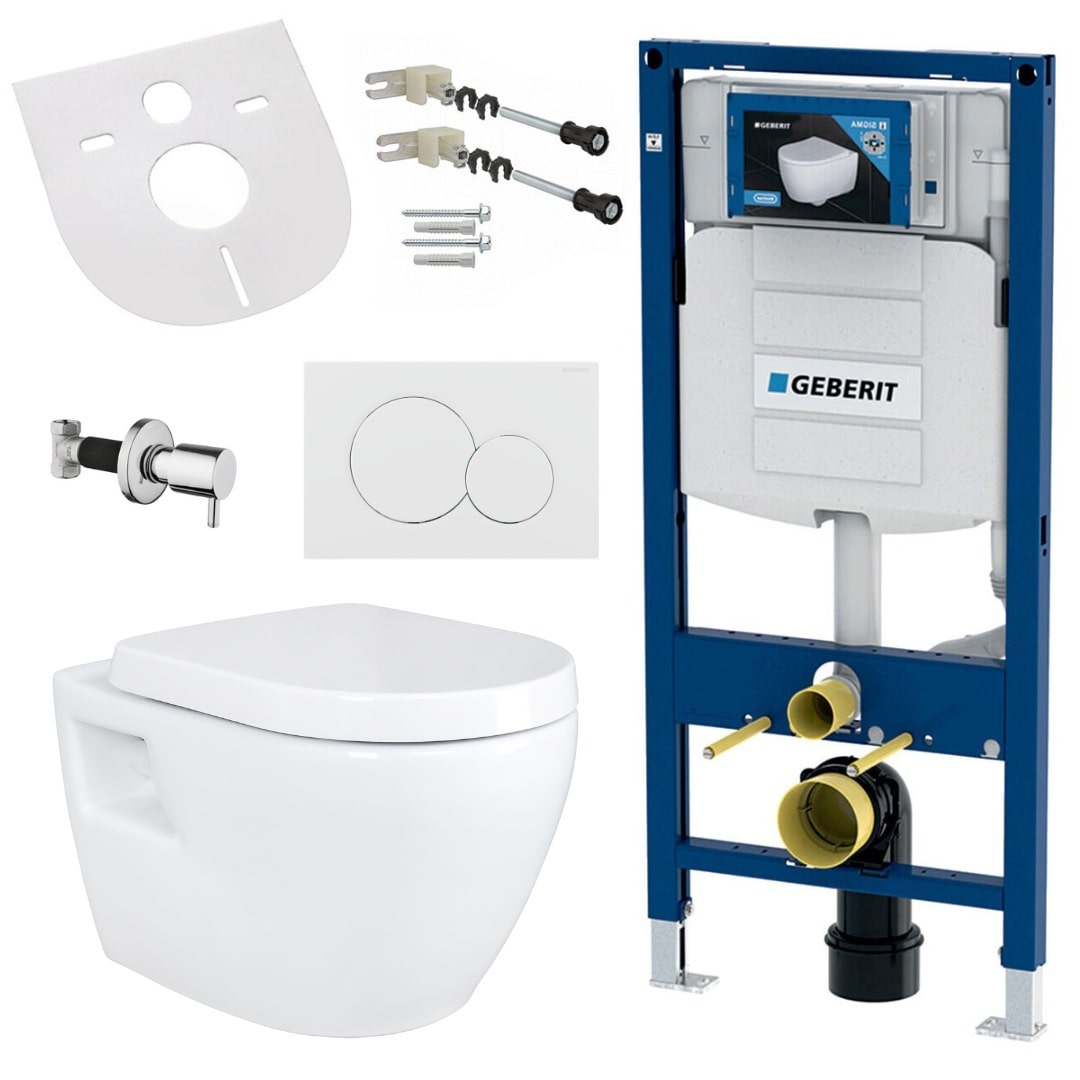 Hänge Wand WC mit Taharet Funktion, Bidet, Absperrventil, spülrandlos aus Keramik kompatibel mit Geberit Vorwandelement