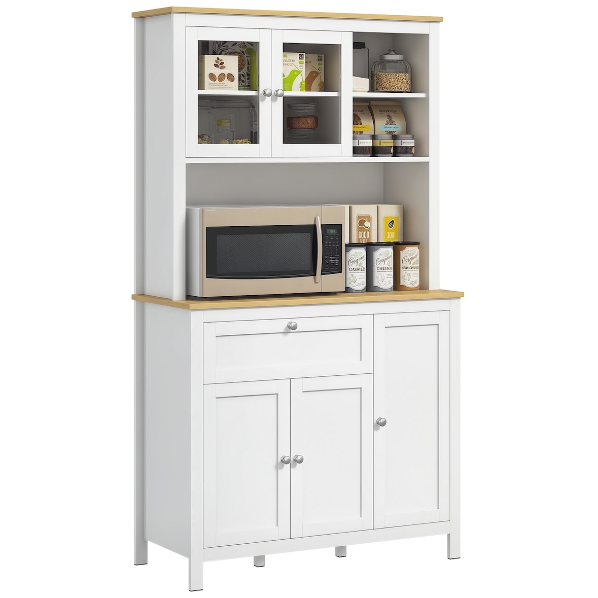 HOMCOM alacena de cocina moderno mueble auxiliar de cocina con 5 puertas estante ajustable cajón y encimera de microondas abierta 100x40x180 cm blanco