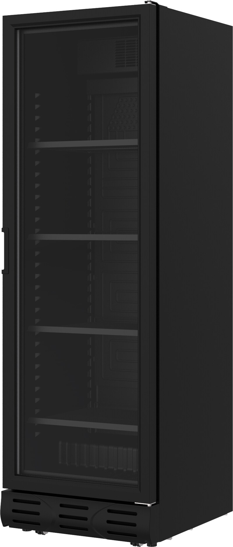 Un frigorifero per bevande nero con porta in vetro.