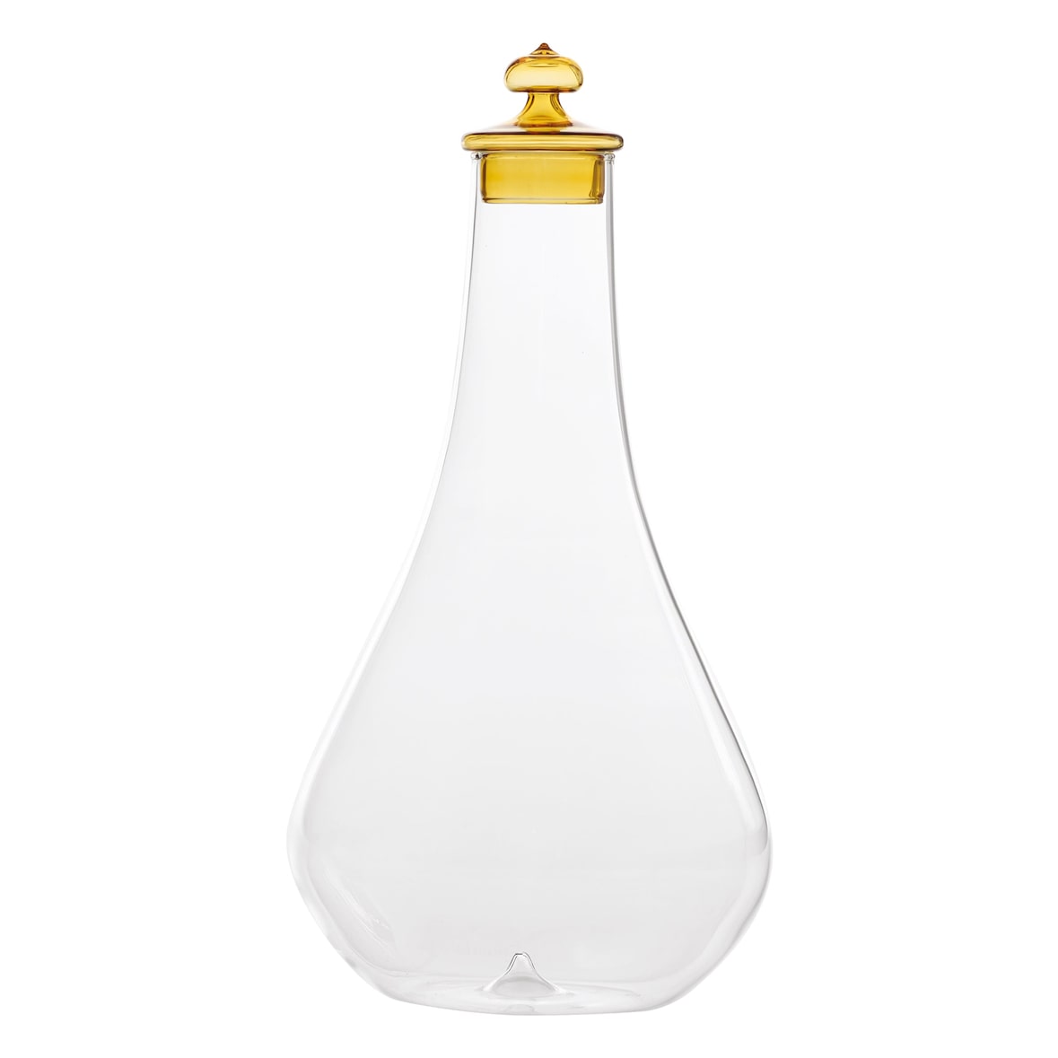Fles uit de Zafferano Pirolo-collectie, handgeblazen borosilicaatglas in amberkleur, met een unieke en verfijnde, gebeeldhouwde dop.