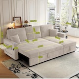 thumbnail of Kombinationssofa aus Cordstoff Beige, ausziehbar als Schlafsofa, mit Stauraum, USB/Type-C, Becherhaltern und Tisch