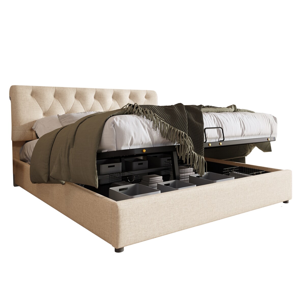 Polsterbett 140x200 cm mit verstellbarem Kopfteil und hydraulischem Stauraum – modernes Design in natürlichem Leinen