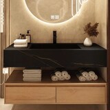 thumbnail of Modernes wandhängendes Badezimmermöbel-Set mit schwarzem Sinterstein-Waschbecken, rundem Spiegel, Unterschrank und Ablaufgarnitur 120×55 cm【HT72-120】