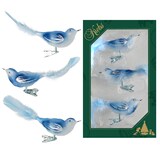 thumbnail of Hellblau/Weiß transparent 11cm Glasvögel auf Clip mit 6cm Federschwanz mundgeblasen und handdekoriert, 3-fach sortiert