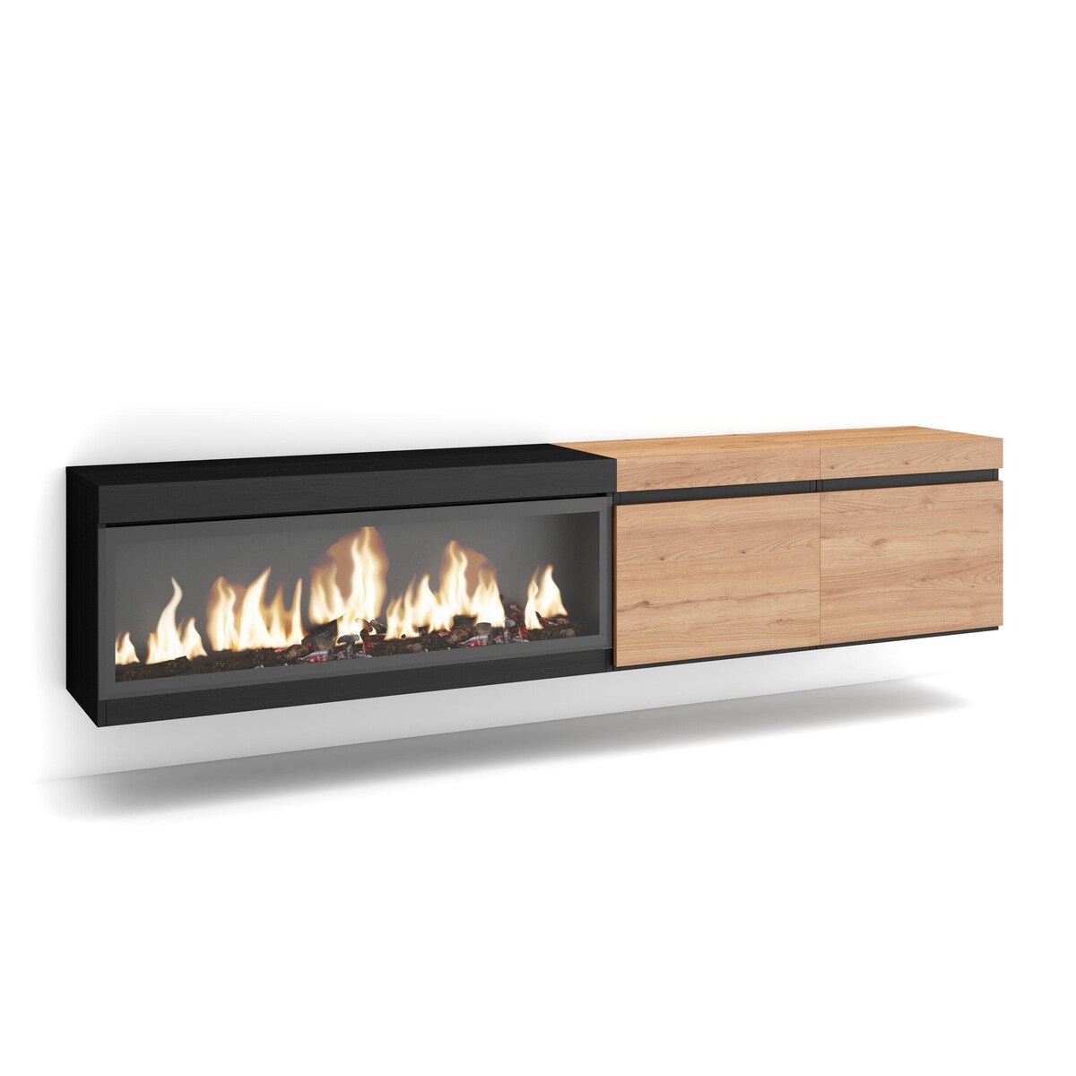 SKRAUT HOME Wohnzimmer TV-Schrank, Viel Stauraum, 210, Für TVs bis zu 80“, Elektrokamin XXL, Hängend, Moderner Stil, Eiche und Schwarz - 413_7