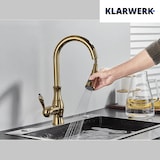 thumbnail of NAVIS | Elegante grifo de cocina extraíble en acero inoxidable dorado, arco alto, mezclador de lujo, alta presión, 360°, 2 conexiones