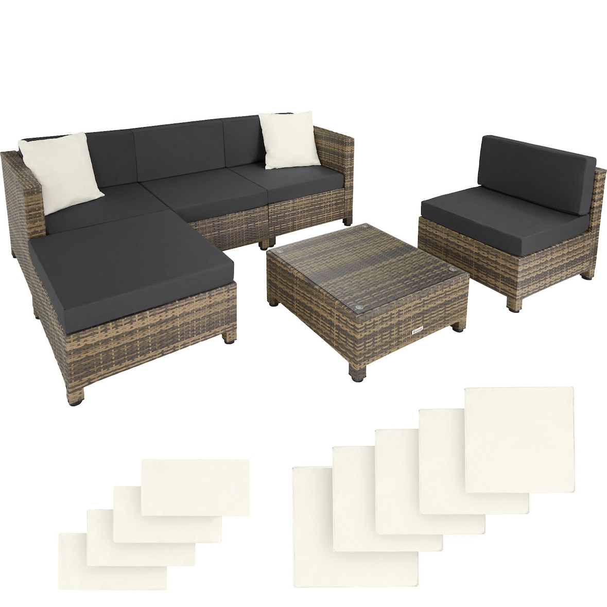 tectake Conjunto de descanso de ratán con estructura de aluminio, incluyendo fundas en 2 colores  Natural