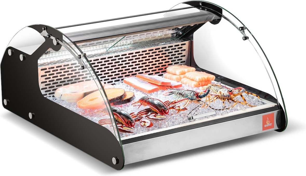 Gasfrit – Gekühlte Fischverkaufsvitrine mit gebogenem Glas 698 x 882 x 419 mm