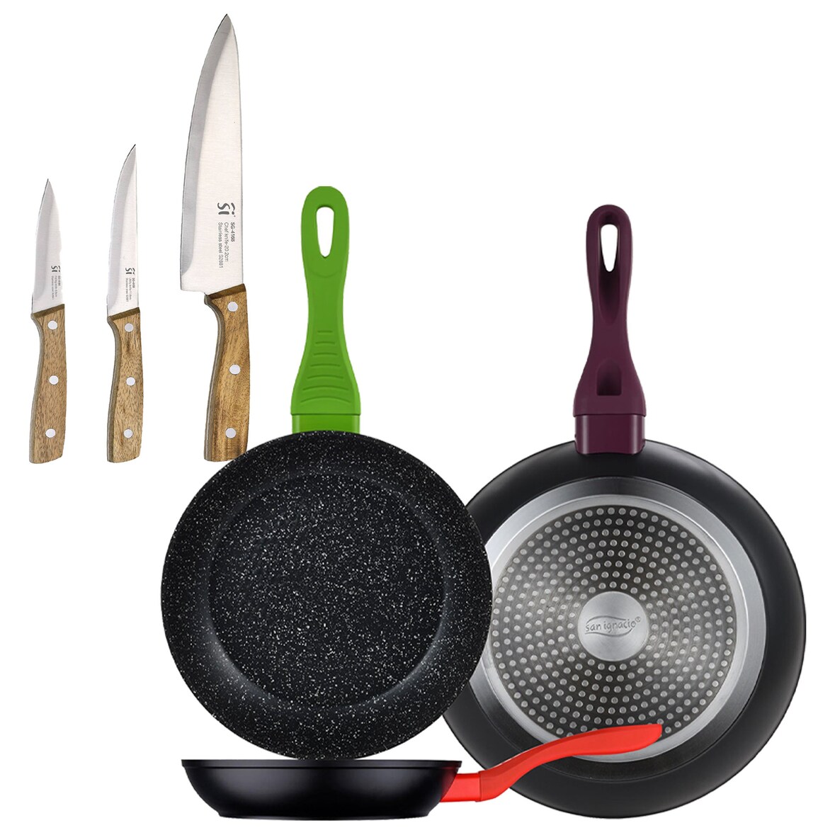 BERGNER - Set di 3 Padelle Jolie Ø20/Ø24/Ø28 cm Colore Nero con Set di 3 coltelli in acciaio inossidabile