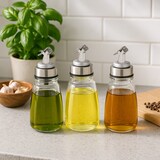 thumbnail of Relaxdays Ölflasche, 3er Set, Abfüllflasche luftdicht, Dosierflasche tropffrei, Glasflasche nachfüllbar, transparent