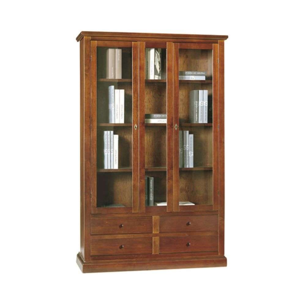 shopinnovativo -Vetrina colore noce con 3 ante 4 cassetti, in stile classico in legno e mdf con rifinitura in noce lucido 119x40x185 H