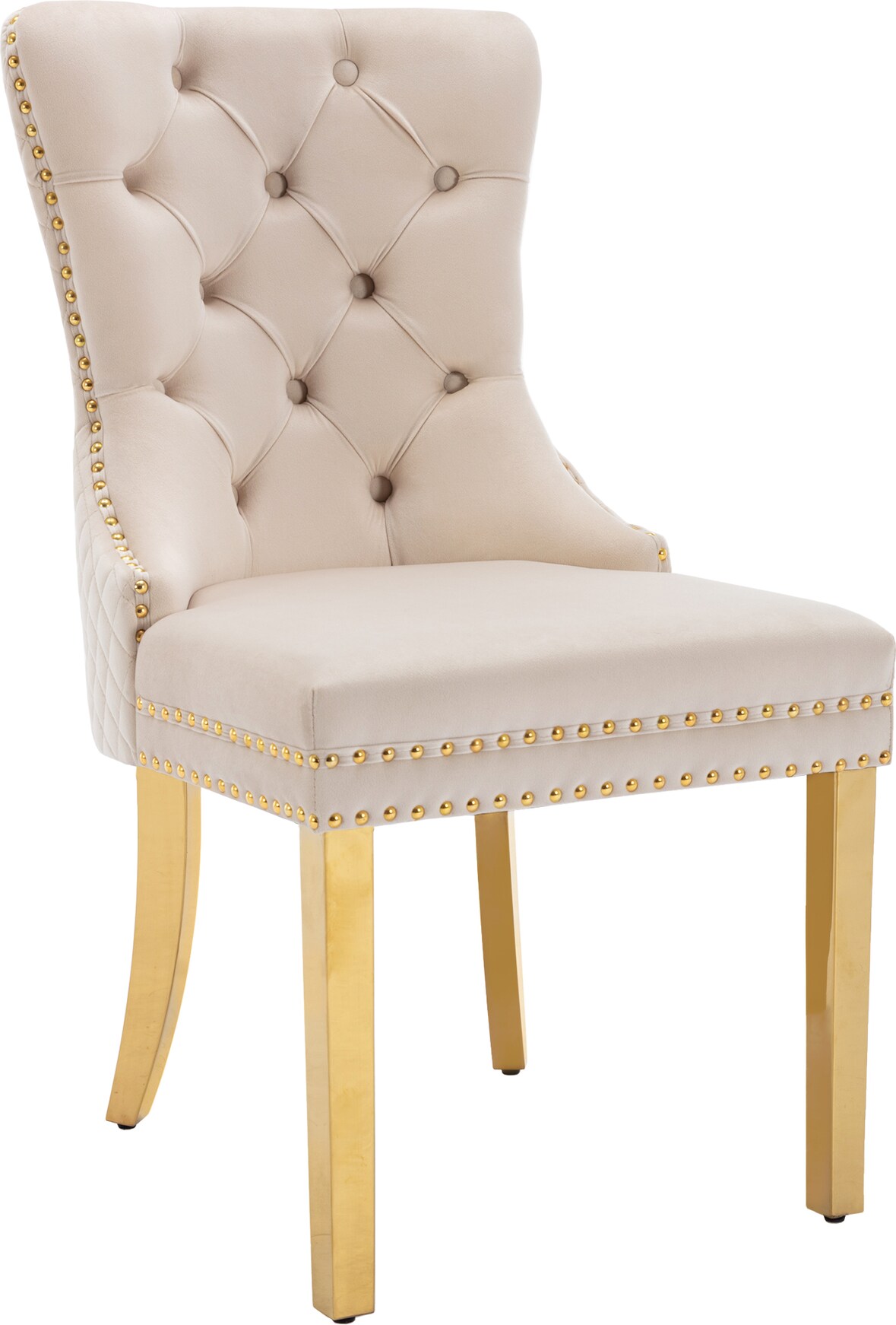Esszimmerstuhl Samt Beige 95x51x66 cm mit Türklopfer Rücken, Nagelkopfbesatz, vergoldeten Edelstahlbeinen, verstellbaren Füßen, elegant