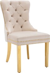 thumbnail of Esszimmerstuhl Samt Beige 95x51x66 cm mit Türklopfer Rücken, Nagelkopfbesatz, vergoldeten Edelstahlbeinen, verstellbaren Füßen, elegant