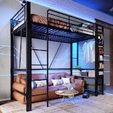 thumbnail of Hochbett 90x200 Metallrahmen mit LED-Beleuchtung, USB + Typ-C Anschluss, 4 Schubladen, Hängestangen, Lochbretter, Stauraum, Schwarz