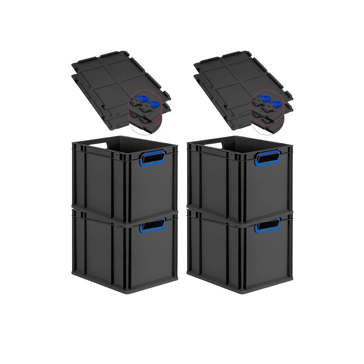 PROREGAL SuperSparSet 4x Eurobox NextGen Color mit Scharnierdeckel & Verschlüssen, HxBxT 32x30x40cm, 30L, Schwarz, Griffe blau offen, Eurobehälter