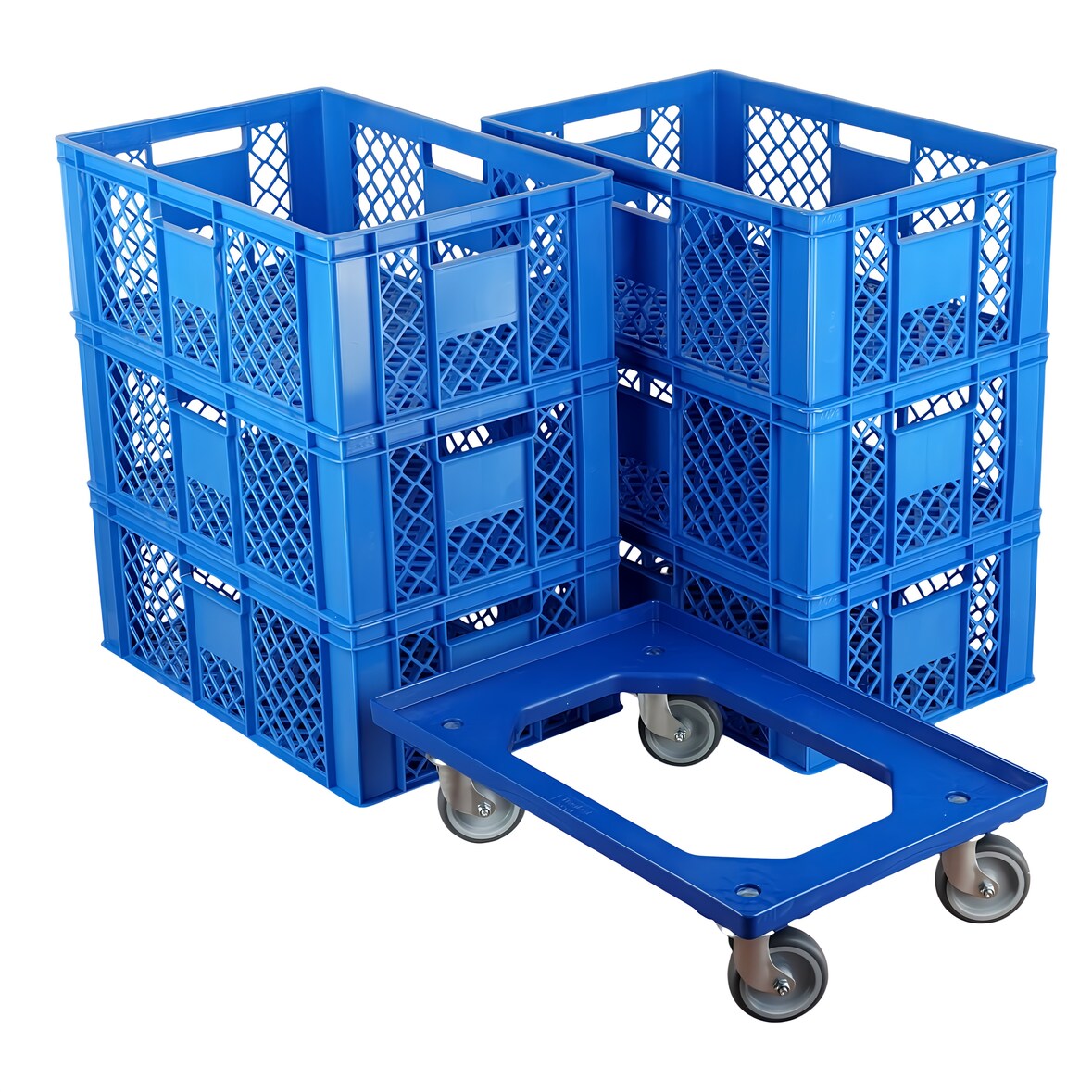 6 Stück Bäckerkisten 600 x 400 x 230 mm + 1 Transportroller in Blau