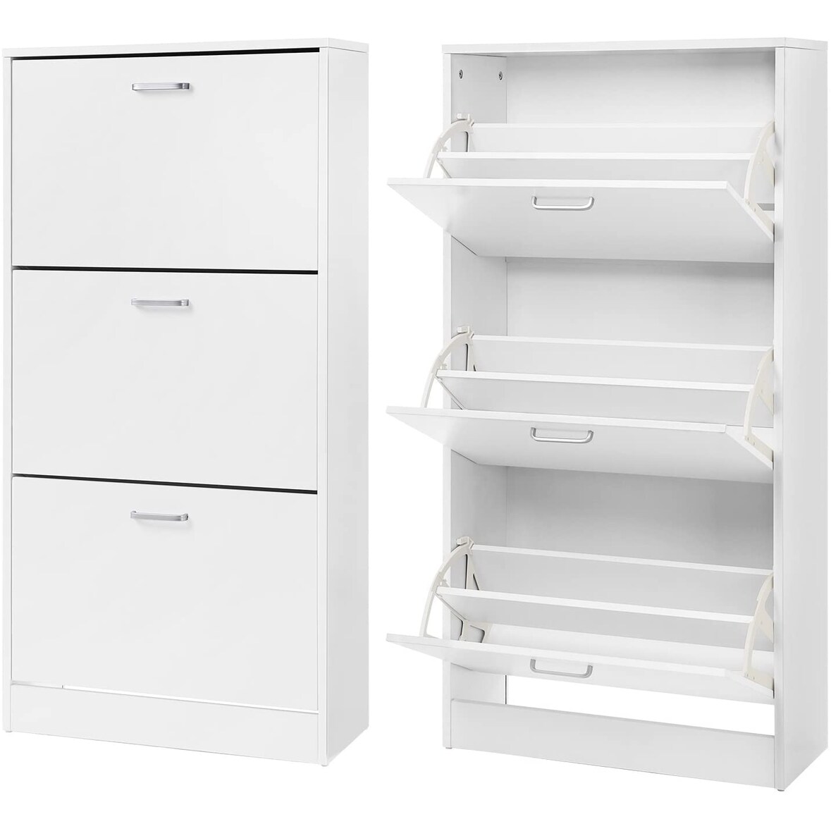 UAC Schuhschrank 120 x 60 x 24 cm, mit 3 Klappen, Schuhkipper, Schuhregal mit 3 Ebenen, Trennwände verstellbar, Schuhkommode, weiß