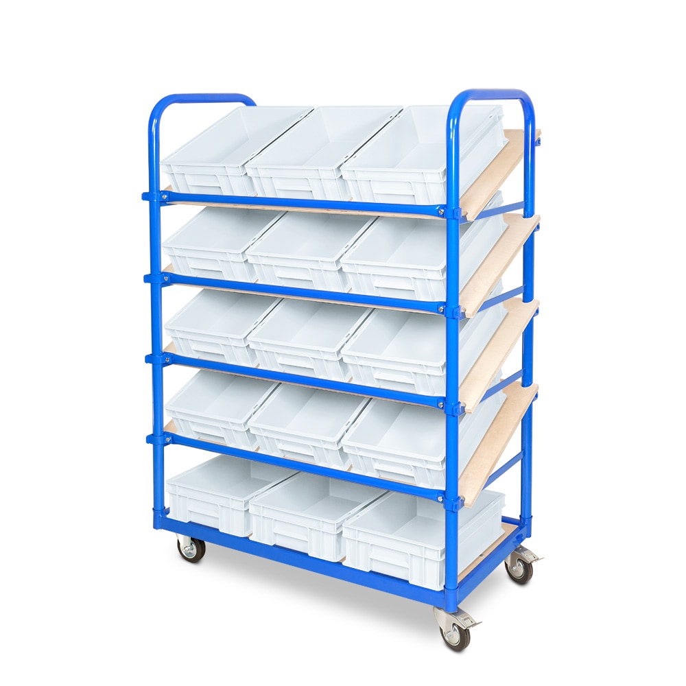 Schrägboden-Regalwagen mit 5 Ebenen, BxTxH 1050x500x1450 mm, 2 Lenk- (mit Feststellbremse) u. 2 Bockrollen mit 15 Euroboxen BxTxH 400x300x120 mm