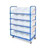 thumbnail of Schrägboden-Regalwagen mit 5 Ebenen, BxTxH 1050x500x1450 mm, 2 Lenk- (mit Feststellbremse) u. 2 Bockrollen mit 15 Euroboxen BxTxH 400x300x120 mm