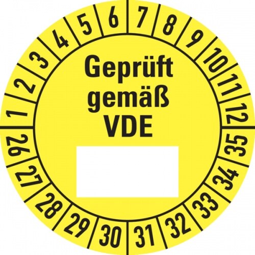 Prüfplakette ab 26, Geprüft gemäß VDE (Freifeld), gelb/schwarz, Folie, Ø 30 mm - Bogen = 10 Plaketten - 30 mm Folie selbstklebend
