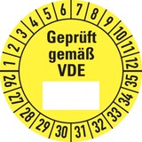 thumbnail of Prüfplakette ab 26, Geprüft gemäß VDE (Freifeld), gelb/schwarz, Folie, Ø 30 mm - Bogen = 10 Plaketten - 30 mm Folie selbstklebend