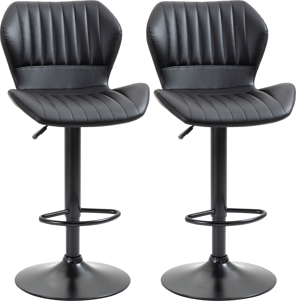 Barhocker 2er Set höhenverstellbar drehbar 49x56x110 cm mit Rückenlehne und Fußstütze Kunstleder Schwarz stabiler Stahlfuß