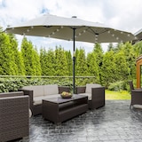thumbnail of Sombrilla doble de jardín con 48 luces LED solar 450x265x240 cm parasol para patio con manivela protección solar para terraza balcón piscina