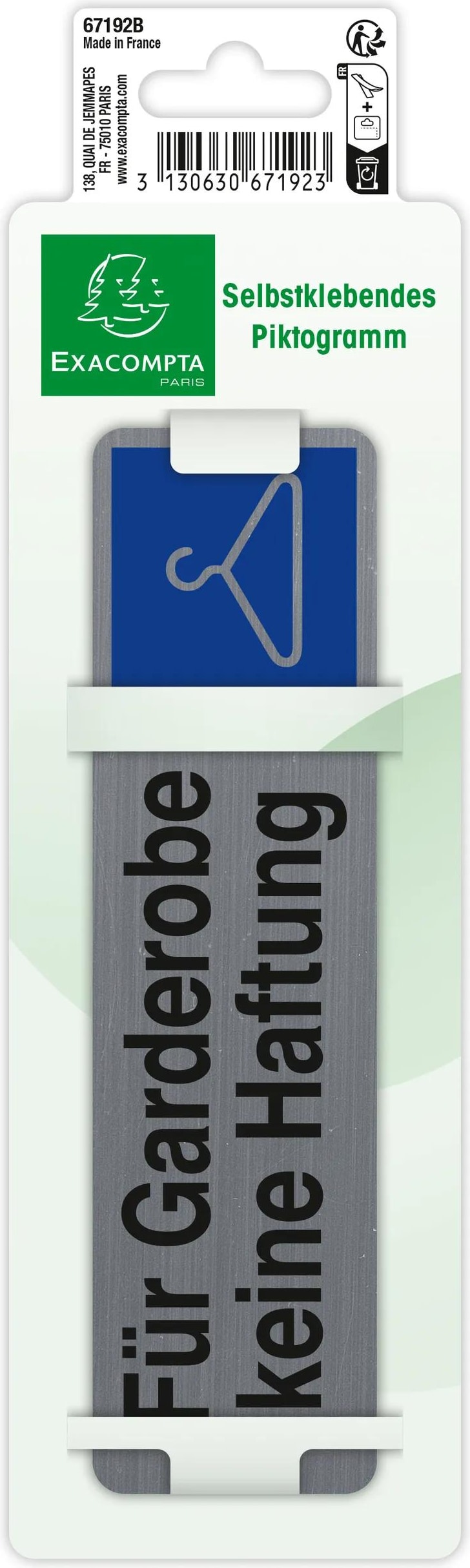Exacompta 67192B Hinweisschild selbstklebend, Für Garderobe keine Haftung, 16 ,5x4,4 cm, Aluminiumoptik -
