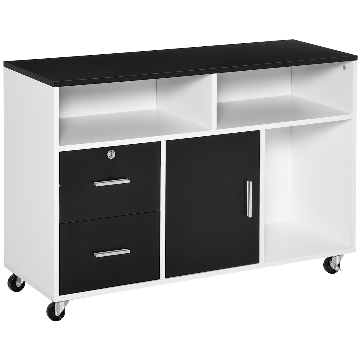 HOMCOM Mueble Auxiliar de Oficina Mueble Archivador con Ruedas Estantes y Cajones Armario Multiusos con Gran Almacenaje 100x35x65 cm Negro y Blanco