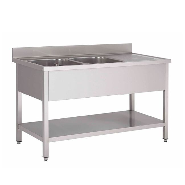 Gastro-Inox Spültisch mit  2 Becken mitte Grundboden Aufkantung 1600x600x880mm